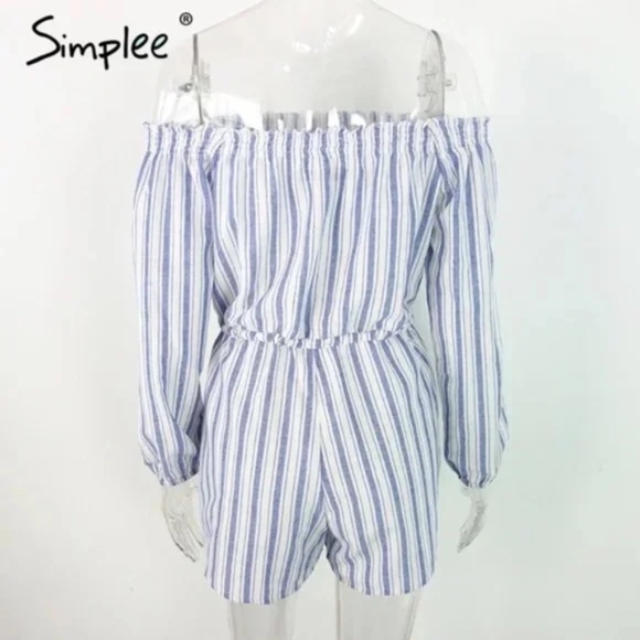 Simplee Apparel Blue And White Pinstripes Off the Shoulder Romper Women L - Picture 6 of 9